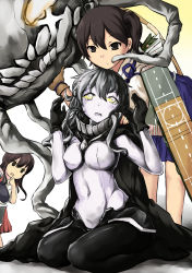 Rule 34 | 10s, 3girls, 463 jun, :t, absurdres, abyssal ship, akagi (kancolle), armor, black gloves, bodysuit, breasts, brown eyes, brown hair, colored skin, covered navel, gloves, glowing, glowing eyes, hat, unworn hat, unworn headwear, highres, kaga (kancolle), kantai collection, monster girl, multiple girls, muneate, open mouth, personification, side ponytail, silver hair, sitting, tasuki, tears, wariza, wavy mouth, white skin, wo-class aircraft carrier, yellow eyes