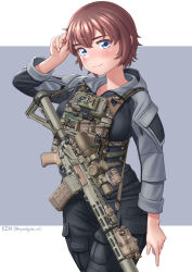 Rule 34 | 1girl, ar-15, blue eyes, blush, cargo pants, cowboy shot, gun, gun sling, hand in own hair, highres, kzm (sub-moa works), load bearing vest, original, pants, red hair, rifle, scope, short hair, signature, simple background, solo, weapon