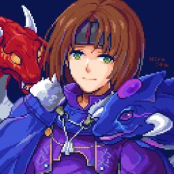 Rule 34 | 1boy, ashton anchors, black headband, blue background, blue cape, brown hair, cape, closed mouth, coat, dragon, headband, hiroita, looking at viewer, lowres, male focus, pixel art, purple coat, short hair, signature, simple background, smile, solo, star ocean, star ocean the second story, tassel