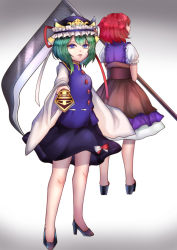 Rule 34 | 2girls, bad id, bad pixiv id, blue eyes, dress, from behind, gradient background, green hair, hair bobbles, hair ornament, hands in opposite sleeves, hat, hat ribbon, high heels, layered dress, looking at viewer, multiple girls, onozuka komachi, parted lips, platform footwear, red hair, ribbon, rod of remorse, sandals, sayama (chiwan0830), scythe, shiki eiki, short hair, short sleeves, simple background, skirt, skirt set, touhou, twintails, two-tone ribbon, two side up