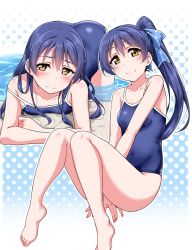 Rule 34 | 10s, 1girl, alternate hairstyle, ass, bare legs, barefoot, bent over, blue hair, blush, breast press, breasts, cleavage, collarbone, competition school swimsuit, embarrassed, long hair, love live!, love live! school idol project, multiple views, one-piece swimsuit, polka dot, polka dot background, ponytail, school swimsuit, small breasts, smile, sonoda umi, strap slip, swimsuit, water, water drop, wet, wet clothes, wet hair, yellow eyes, yopparai oni
