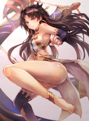 Rule 34 | 1girl, anklet, armlet, ass, asymmetrical legwear, asymmetrical sleeves, bare shoulders, barefoot, black hair, breasts, bridal gauntlets, chain, earrings, elbow gloves, fate/grand order, fate (series), feet, gloves, hair ribbon, heavenly boat maanna, highres, hoop earrings, ishtar (fate), ishtar (fate), jewelry, long hair, looking at viewer, navel, omoti (1201208), pelvic curtain, red eyes, ribbon, sideboob, single elbow glove, single thighhigh, smile, solo, thighhighs, tohsaka rin, two side up, uneven legwear, uneven sleeves, weapon