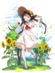 Rule 34 | 1girl, :3, akino teku, black hair, bottle, closed eyes, cloud, day, dress, flower, food-themed hair ornament, full body, grass, hair blowing, hair ornament, hat, low twintails, mountain, neckerchief, open mouth, outdoors, pasona tech, peach hair ornament, ramune, red neckerchief, sandals, shadow, shirako miso, short hair, short sleeves, smile, solo, standing, standing on one leg, straw hat, summer, sunflower, tree, twintails, white dress, wind