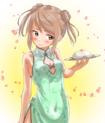 Rule 34 | 1girl, blush, breasts, brown eyes, brown hair, cake, china dress, chinese clothes, closed mouth, dress, flower, food, hair ornament, highres, kantai collection, long hair, looking at viewer, medium hair, michishio (kancolle), no bra, plate, short dress, small breasts, solo, tama (tamago)
