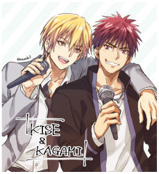 Rule 34 | 2boys, :d, arm around shoulder, blonde hair, character name, commentary request, grey jacket, grin, holding, holding microphone, jacket, jewelry, kagami taiga, kise ryouta, kuroko no basuke, long sleeves, looking at another, male focus, microphone, multiple boys, necklace, necktie, open clothes, open mouth, red eyes, red hair, school uniform, shirt, short hair, smile, torisu, yellow eyes