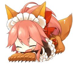 Rule 34 | 1girl, alternate costume, animal ears, animal hands, apron, bell, chibi, closed eyes, collar, enmaided, fang, fate/grand order, fate (series), fox ears, fox tail, hair ribbon, long hair, lowres, maid, maid apron, maid headdress, nanohana kohina, neck bell, open mouth, pink hair, ribbon, simple background, solo, tail, tamamo (fate), tamamo cat (fate), tamamo cat (second ascension) (fate), tamamo no mae (fate/extra), waist apron, white background