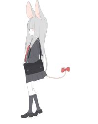 Rule 34 | 1girl, animal ears, bag, black footwear, bow, closed mouth, commentary request, doremi (doremi4704), from side, full body, grey hair, grey sailor collar, grey shirt, grey skirt, grey socks, korean commentary, long hair, long sleeves, looking at viewer, looking to the side, mouse ears, mouse tail, necktie, original, pink eyes, red bow, red necktie, sailor collar, shirt, shoes, shoulder bag, simple background, skirt, socks, solo, standing, tail, tail bow, tail ornament, white background