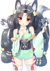 Rule 34 | 1girl, animal ears, azur lane, black hair, blush, braid, breasts, collarbone, commentary request, detached sleeves, fox ears, fox tail, hair ornament, highres, japanese clothes, long hair, looking at viewer, open mouth, red eyes, remodel (azur lane), ribbon, simple background, small breasts, solo, tail, thighhighs, twin braids, waftil, white background, wrench, yuubari (azur lane), yuubari (retrofit) (azur lane)