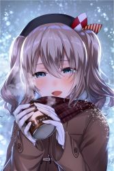 Rule 34 | 1girl, :d, alternate costume, beret, black hat, blue eyes, blush, breat, breath, can, coat, drink can, duffel coat, gloves, hair between eyes, half-closed eyes, haruno suzune, hat, hat ribbon, holding, kantai collection, kashima (kancolle), lips, long hair, long sleeves, looking at viewer, open mouth, plaid, plaid scarf, red scarf, ribbon, scarf, silver hair, sleeves past wrists, smile, snow, soda can, solo, twintails, upper body, wavy hair, white gloves