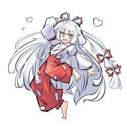 Rule 34 | 1girl, barefoot, bow, fujiwara no mokou, hair bow, jumpsuit, long hair, long sleeves, one-hour drawing challenge, open mouth, pants, primsla, red jumpsuit, red pants, simple background, solo, solo focus, touhou, white background, white hair