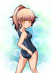 Rule 34 | adjusting clothes, adjusting swimsuit, ass, brown hair, chibimame, long hair, looking back, o3o, one-piece swimsuit, orange eyes, ponytail, school swimsuit, solo, swimsuit