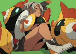 Rule 34 | 1girl, alternate costume, bea (pokemon), black hairband, blouse, casual, closed mouth, creatures (company), dark-skinned female, dark skin, falinks, fu-ta, game freak, gen 8 pokemon, green background, grey hair, hairband, highres, knees up, legs, looking at viewer, nintendo, official alternate costume, panties, pleated skirt, pokemon, pokemon (creature), pokemon swsh, shirt, shoes, short hair, simple background, sitting, skirt, smile, striped clothes, striped panties, thighs, underwear, white footwear, white shirt