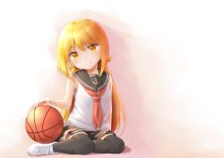 Rule 34 | 1girl, adapted costume, akatsuki (kancolle), akatsuki (kancolle) (cosplay), anchor symbol, ball, bare arms, bare shoulders, basketball, basketball (object), black thighhighs, blonde hair, cosplay, highres, kantai collection, long hair, looking at viewer, low twintails, neckerchief, satsuki (kancolle), school uniform, serafuku, shoes, simple background, sitting, skirt, skirt tug, sleeveless, smile, sneakers, solo, thighhighs, twintails, wamu (chartreuse), yellow eyes, zettai ryouiki