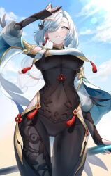 Rule 34 | 1girl, arm up, black bodysuit, black gloves, blue eyes, blue sky, bodysuit, braid, breast curtain, breasts, cloud, covered navel, cowboy shot, earrings, eyes visible through hair, from below, genshin impact, gloves, gold trim, grey eyes, hair over one eye, highres, hip vent, holding, holding polearm, holding weapon, jewelry, large breasts, lens flare, long hair, looking afar, low-braided long hair, low-tied long hair, mikazuki mika, outdoors, parted lips, partially fingerless gloves, polearm, shading eyes, shenhe (genshin impact), single braid, sky, solo, tassel, tassel earrings, thighs, weapon