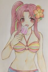 Rule 34 | 1girl, :d, arm at side, belt, bikini, bikini top only, blue belt, blush, breasts, collarbone, colored pencil (medium), cowboy shot, flower, food, green ribbon, hair flower, hair ornament, hair ribbon, halterneck, hand up, hibiscus, higemaccho, high ponytail, highres, ice cream, jewelry, long hair, looking at viewer, medium breasts, millie chliette, navel, o-ring, o-ring bikini, o-ring top, open mouth, parted bangs, pink hair, pointy ears, red eyes, red flower, ribbon, side ponytail, sidelocks, simple background, smile, solo, standing, star ocean, star ocean first departure, straight hair, striped bikini, striped clothes, swimsuit, traditional media, underboob, white background, yellow flower