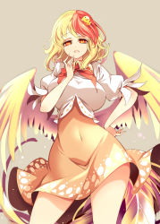 Rule 34 | 1girl, animal, animal on head, bird, bird on head, bird tail, bird wings, blonde hair, breasts, brown dress, chick, chicken, dress, feathered wings, hand on own hip, highres, large breasts, multicolored hair, niwatari kutaka, on head, orange dress, raptor7, red hair, shirt, solo, tail, touhou, two-tone hair, white shirt, wings, yellow wings