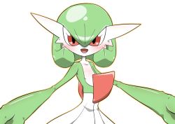 Rule 34 | 1girl, blush, bob cut, collarbone, colored skin, creatures (company), female focus, flat chest, game freak, gardevoir, gen 3 pokemon, green hair, green skin, hair between eyes, happy, kazamidoririnn, looking at viewer, multicolored skin, nintendo, open mouth, outline, outstretched arms, pokemon, pokemon (creature), red eyes, shiny skin, short hair, simple background, smile, solo, standing, two-tone skin, upper body, white background, white skin, yellow outline