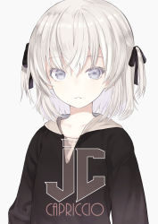 Rule 34 | 1girl, artist name, black bow, black hoodie, bow, capriccio, commentary request, grey background, grey eyes, hair between eyes, hair bow, hood, hood down, hoodie, looking at viewer, original, parted lips, silver hair, simple background, solo, two side up, upper body