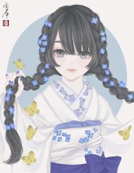 Rule 34 | 1girl, animal print, black hair, blue background, blue flower, braid, bug, butterfly, butterfly print, commentary request, floral print, flower, grey eyes, hair flower, hair ornament, highres, holding, holding own hair, insect, japanese clothes, kimono, long bangs, long hair, long sleeves, looking at viewer, nail polish, obi, obiage, obijime, original, outside border, print kimono, purple flower, purple nails, purple sash, sash, seal impression, signature, solo, twin braids, upper body, ushiyama ame, white background, white kimono, wide sleeves, yellow butterfly