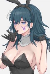Rule 34 | 1girl, animal ears, banned artist, bare arms, bare shoulders, black gloves, black hairband, black leotard, blue eyes, blue hair, breasts, byleth (female) (fire emblem), byleth (fire emblem), cleavage, commentary request, detached collar, facial mark, fake animal ears, fire emblem, fire emblem: three houses, gloves, grey background, hairband, hands up, highres, large breasts, leotard, long hair, looking at viewer, nintendo, playboy bunny, shimizu akina, simple background, solo, strapless, strapless leotard, upper body