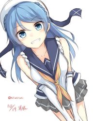 Rule 34 | 10s, 1girl, bare shoulders, blue eyes, blue hair, breasts, character name, dated, double bun, elbow gloves, gloves, hair bun, hat, kantai collection, large breasts, long hair, looking at viewer, matching hair/eyes, one-hour drawing challenge, pleated skirt, school uniform, serafuku, skirt, sleeves rolled up, smile, solo, tsuchikure, twitter username, urakaze (kancolle), white background, white gloves, white hat