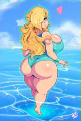 Rule 34 | 1girl, ass, barefoot, benbeau, bikini, blonde hair, blue bikini, blue eyes, blue sky, blush, bracelet, breasts, cleavage, closed mouth, cloud, day, feet, floating, from behind, full body, glowing, hair over one eye, heart, highres, huge ass, huge breasts, jewelry, long hair, looking back, mario (series), nintendo, ocean, one-piece swimsuit, rosalina, shiny skin, sideboob, sky, smile, soles, solo, standing, super mario galaxy, swimsuit, thick thighs, thighs, toes, water, wedgie, wide hips