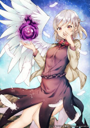 Rule 34 | 1girl, covering own mouth, feathers, kaio (watagami), kishin sagume, red eyes, silver hair, single wing, solo, touhou, wings