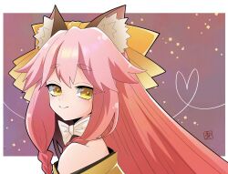 Rule 34 | 1girl, animal ear fluff, animal ears, bare shoulders, border, bow, bowtie, closed mouth, fate/samurai remnant, fate (series), fox ears, hair bow, heart, highres, long hair, looking at viewer, pink hair, portrait, purple background, sidelocks, simple background, smile, solo, tamamo (fate), tamamo aria (fate), wagu neru, white border, white bow, white bowtie, yellow bow, yellow eyes