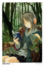 Rule 34 | 1girl, absurdres, book, brown hair, forest, glasses, green eyes, headphones, highres, lizard, mouth hold, nature, one eye closed, open book, original, otohiko takano, headpat, reading, solo, takano otohiko, wink