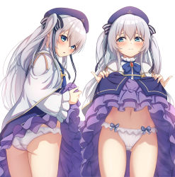 Rule 34 | ass, blue eyes, blue headwear, blue skirt, blush, capelet, celia claire, clothes lift, gluteal fold, grey hair, groin, hat, highres, kamuchin soda, lifted by self, long hair, navel, panties, ribbon, seirei gensouki, shirt, skirt, skirt lift, two side up, underwear, white capelet, white panties, white shirt