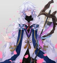 Rule 34 | 1boy, ahoge, bishounen, black pants, center frills, eyebrows, fate/grand order, fate (series), flower, flower knot, frills, grey background, hair between eyes, hair ornament, highres, holding, holding staff, holding weapon, hood, hood down, hooded robe, light smile, long hair, long sleeves, male focus, merlin (fate), multicolored hair, pants, parted lips, petals, pink ribbon, purple eyes, ribbon, robe, simple background, smile, solo, staff, tassel, toalke knell, turtleneck, two-tone hair, very long hair, weapon, white hair, white robe, wide sleeves