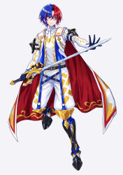 Rule 34 | 1boy, alear (fire emblem), alear (male) (fire emblem), belt, black belt, blue eyes, blue hair, cape, closed mouth, crossed bangs, fire emblem, fire emblem engage, full body, gloves, hair between eyes, heterochromia, highres, holding, holding sword, holding weapon, liberation (fire emblem), long sleeves, looking down, male focus, multicolored hair, nintendo, red eyes, red hair, shinae, short hair, solo, sword, two-tone hair, weapon, white background