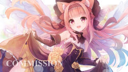 Rule 34 | 1girl, :d, animal ear fluff, animal ears, bare shoulders, black dress, black sleeves, commission, detached sleeves, dress, feathered wings, flower, hairband, highres, long sleeves, looking at viewer, open mouth, original, pink hair, red eyes, red hairband, rose, skeb commission, skirt hold, sleeves past wrists, smile, solo, striped clothes, striped hairband, watermark, white wings, wings, yellow flower, yellow rose, yonema