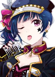 Rule 34 | 1girl, ;p, absurdres, black gloves, black jacket, black nails, blue hair, blunt bangs, bow, choker, collarbone, earrings, fingerless gloves, fingernails, gloves, hair bow, hat, highres, holding, holding microphone, jacket, jewelry, long hair, looking at viewer, love live!, love live! school idol festival, love live! sunshine!!, microphone, mugi (8ig6), nail polish, one eye closed, peaked cap, pink eyes, portrait, red eyes, side ponytail, solo, star (symbol), star tattoo, tattoo, tongue, tongue out, tsushima yoshiko, white background