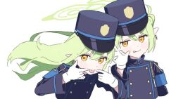 Rule 34 | 2girls, armband, black hat, blanchat, blue archive, blue armband, blush, buttons, double-breasted, earrings, gloves, green hair, green halo, halo, hat, hikari (blue archive), jewelry, long hair, long sleeves, looking at viewer, multiple girls, nozomi (blue archive), peaked cap, pointy ears, smile, tongue, tongue out, train conductor, twintails, white background, white gloves, yellow eyes