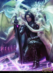 Rule 34 | 1boy, 3girls, armor, armored boots, artist name, bat wings, black hair, boots, breasts, candle, cleavage, copyright name, dated, gloves, horns, legend of the cryptids, long hair, magic circle, male focus, multiple girls, official art, solo focus, sword, tatiana kirgetova, weapon, white hair, wings