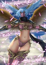 Rule 34 | 1girl, armor, armored bikini, armored boots, arms at sides, artist name, blue eyes, blue hair, boots, bra, breasts, cleavage, curvy, deviantart, deviantart username, digimon, digimon (creature), digimon frontier, facial mark, facial mask, feathered wings, feathers, flying, gold, hair ornament, harpy, head wings, highleg, highleg panties, highres, jewelry, looking at viewer, medium breasts, monster girl, navel, panties, purple bra, purple panties, revealing clothes, scarf, shiny skin, short hair, shoulder armor, shoulder pads, shutumon, sky, swimsuit, thighhighs, thighs, thong, underwear, wide hips, wind, wings