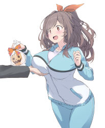 Rule 34 | 1boy, 1girl, :o, accidental pervert, bag, blush, breast lift, breasts, brown hair, collarbone, commentary request, highres, holding, holding bag, idolmaster, idolmaster shiny colors, jacket, large breasts, long sleeves, looking at another, out of frame, pants, partially unzipped, plastic bag, pumpkin, sakana (flame sakana), simple background, solo focus, sweatdrop, track jacket, track pants, tsukioka kogane, white background