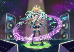 Rule 34 | 1girl, detached sleeves, closed eyes, flat sign, floating hair, grass, green hair, hatsune miku, head wreath, long hair, microphone, microphone stand, mimika (puetilun), music, musical note, quaver, singing, skirt, solo, speaker, staff (music), thighhighs, treble clef, twintails, very long hair, vocaloid, wings
