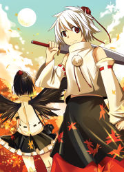 Rule 34 | 2girls, animal ears, autumn, black skirt, black wings, detached sleeves, expressionless, female focus, hat, holding, holding sword, holding weapon, inubashiri momiji, long sleeves, looking at viewer, maturiuta sorato, multiple girls, puffy short sleeves, puffy sleeves, red eyes, shameimaru aya, short sleeves, skirt, sword, tengu, tokin hat, touhou, weapon, wings, wolf ears