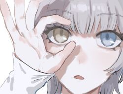 Rule 34 | 1girl, bang dream!, bang dream! it&#039;s mygo!!!!!, blue eyes, close-up, heterochromia, kaname raana, looking at viewer, nininikal, ok sign, ok sign over eye, parted lips, portrait, simple background, solo, white background, white hair, yellow eyes