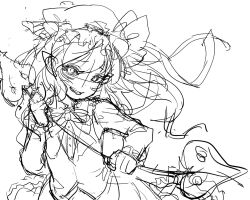 Rule 34 | 1girl, adapted costume, bitaro, bow, bowtie, buttons, cowboy shot, dress shirt, flandre scarlet, frilled shirt collar, frills, greyscale, hair between eyes, hat, head tilt, holding, holding polearm, holding weapon, laevatein (touhou), long sleeves, looking at viewer, making-of, mob cap, monochrome, open mouth, pointy ears, polearm, shirt, sketch, skirt, solo, teeth, touhou, vest, weapon