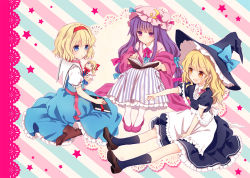 Rule 34 | 3girls, :o, alice margatroid, apron, blonde hair, blue eyes, book, boots, border, bow, braid, capelet, crescent, dress, female focus, hair bow, hat, hat ribbon, headband, kirisame marisa, kneehighs, lace, long hair, looking at another, looking away, mob cap, multiple girls, open book, open mouth, outstretched arm, patchouli knowledge, petticoat, pointing, purple eyes, purple hair, ribbon, robe, sash, shanghai doll, short hair, short sleeves, simple background, single braid, sitting, skirt, skirt set, socks, star (symbol), striped, striped background, torii sumi, touhou, very long hair, waist apron, wariza, witch hat, yellow eyes