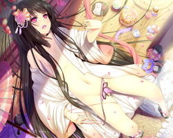 Rule 34 | 1girl, black hair, fang, feet, flat chest, hair ornament, japanese clothes, kimono, long hair, open clothes, original, panties, peragura, pink eyes, porch, purple eyes, sandals, side-tie panties, solo, sunlight, toes, underwear, untied panties
