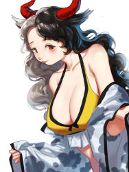 Rule 34 | 1girl, animal ears, animal print, bad id, bad pixiv id, bare shoulders, bikini, black hair, breasts, cleavage, clothes pull, collarbone, commentary request, congming lan, cow ears, cow print, highres, horns, jacket, jacket pull, large breasts, leaning forward, lips, long hair, looking at viewer, looking to the side, multicolored hair, oni horns, parted lips, red eyes, red horns, simple background, solo, split-color hair, swimsuit, touhou, two-tone hair, upper body, ushizaki urumi, white background, white hair, yellow bikini