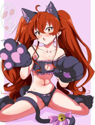 Rule 34 | 1girl, absurdres, ahoge, animal ears, animal hands, bell, black bra, black panties, bow, bow panties, bra, breasts, cat cutout, cat ears, cat feet, cat paws, cat tail, cleavage, cleavage cutout, clothing cutout, commentary request, eris greyrat, frilled bra, frills, gloves, gluteal fold, hair between eyes, highres, kou (spad7u59), long hair, looking at viewer, lowleg, lowleg panties, meme attire, mushoku tensei, nyan, open mouth, panties, paw gloves, paw pose, red eyes, red hair, sitting, small breasts, solo, speech bubble, strap slip, tail, tail bell, tail ornament, thighs, underwear, underwear only, wariza