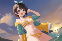 Rule 34 | 1girl, :d, absurdres, aqua eyes, bikini, bikini under clothes, black hair, blue sky, bow hairband, breasts, cleavage, cloud, commentary request, dot nose, dutch angle, gradient sky, green jacket, hairband, highres, hololive, jacket, light blush, looking at viewer, medium breasts, mountainous horizon, multicolored clothes, multicolored jacket, myonchi, navel, off shoulder, oozora subaru, oozora subaru (hololive summer 2019), open clothes, open jacket, open mouth, orange sky, outdoors, partially submerged, polka dot hairband, short hair, sky, sleeves pushed up, smile, solo, stomach, striped bikini, striped clothes, sunset, swimsuit, virtual youtuber, water, yellow jacket