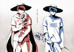 Rule 34 | 2boys, america (hetalia), american flag, axis powers hetalia, bare arms, blue theme, chin strap, commentary request, cowboy shot, eduroku, flower, glasses, hat, holding, holding flower, long hair, long sleeves, male focus, multiple boys, multiple monochrome, pants, print shirt, red theme, russia (hetalia), scarf, shaded face, shirt, short hair, short sleeves, side-by-side, simple background, smirk, soviet flag, straw hat, sun hat, t-shirt, translation request