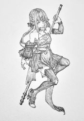 Rule 34 | 1girl, absurdres, bare shoulders, breasts, detached sleeves, full body, greyscale, high heels, highres, holding, holding weapon, leg up, long hair, looking at viewer, mashimashi, monochrome, original, pleated skirt, sash, simple background, skirt, small breasts, smile, solo, thighhighs, traditional media, weapon, white background, zettai ryouiki