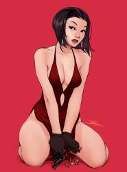 Rule 34 | 1girl, absurdres, alternate costume, ammunition, black gloves, black hair, breasts, bullet, cleavage, clothes between thighs, clothing cutout, commentary, cowboy bebop, dress, earrings, english commentary, faye valentine, gloves, gun, handgun, highres, holding, holding gun, holding weapon, jewelry, kneeling, lips, lipstick, long dress, makeup, medium breasts, navel cutout, no bra, pelvic curtain, plunging neckline, pocket pistol, red background, red dress, revolver, short hair, side slit, snubnose, snubnosed revolver, solo, vashperado, weapon